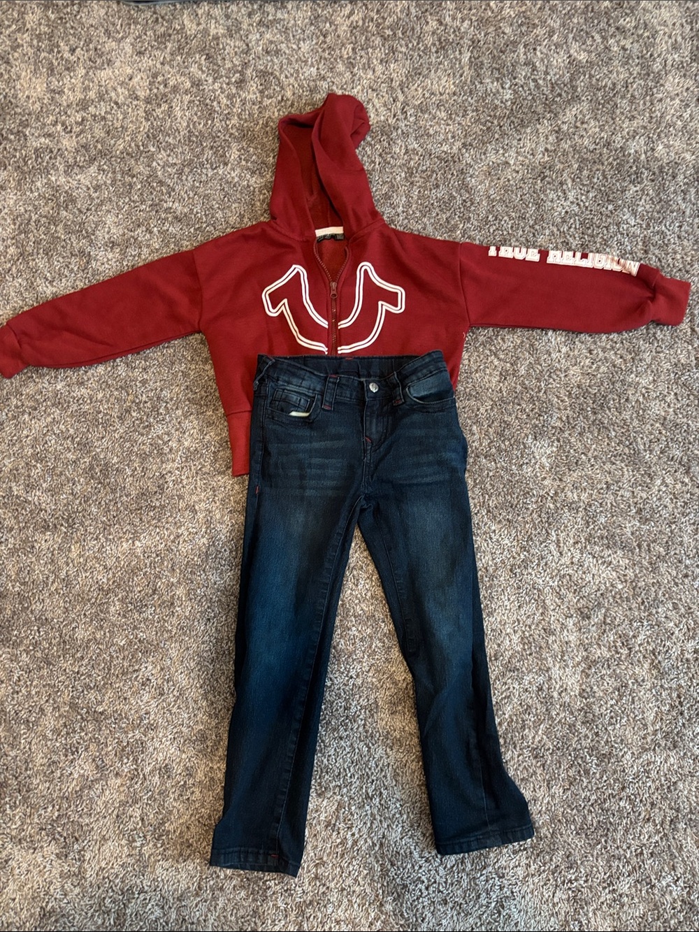 True Religion Burgundy Zip Hoodie with Dark Wash Jeans